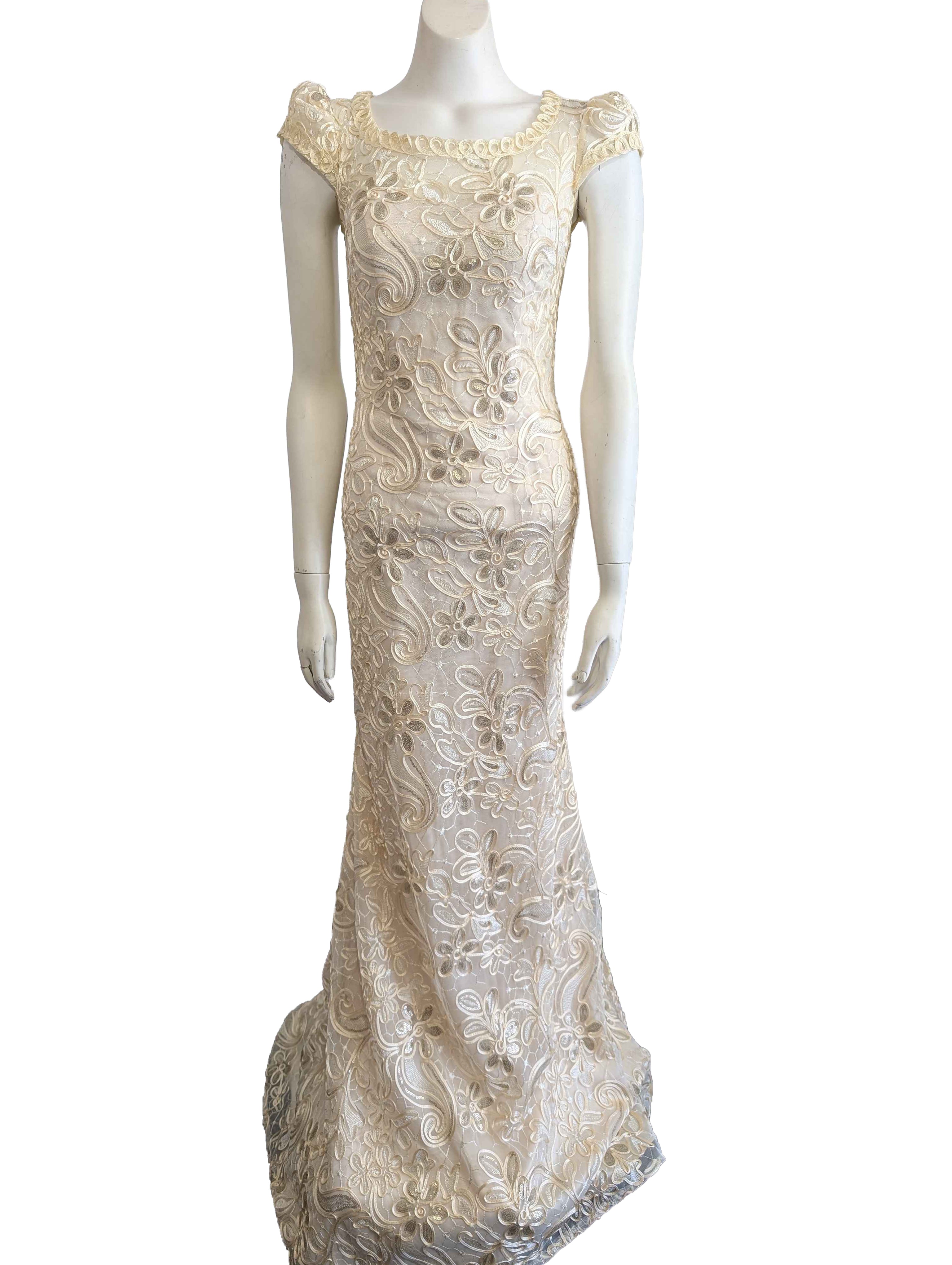 Yellow 3d embroidered cap sleeve formal dress with mermaid tail.